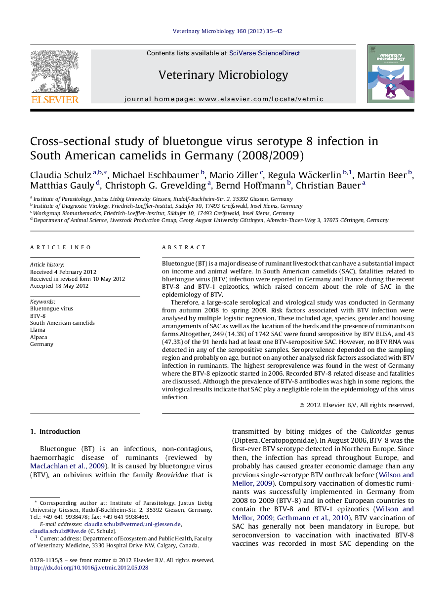 Cross-sectional study of bluetongue virus serotype 8 infection in South American camelids in Germany (2008/2009)