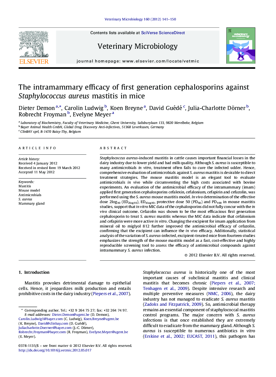 The intramammary efficacy of first generation cephalosporins against Staphylococcus aureus mastitis in mice