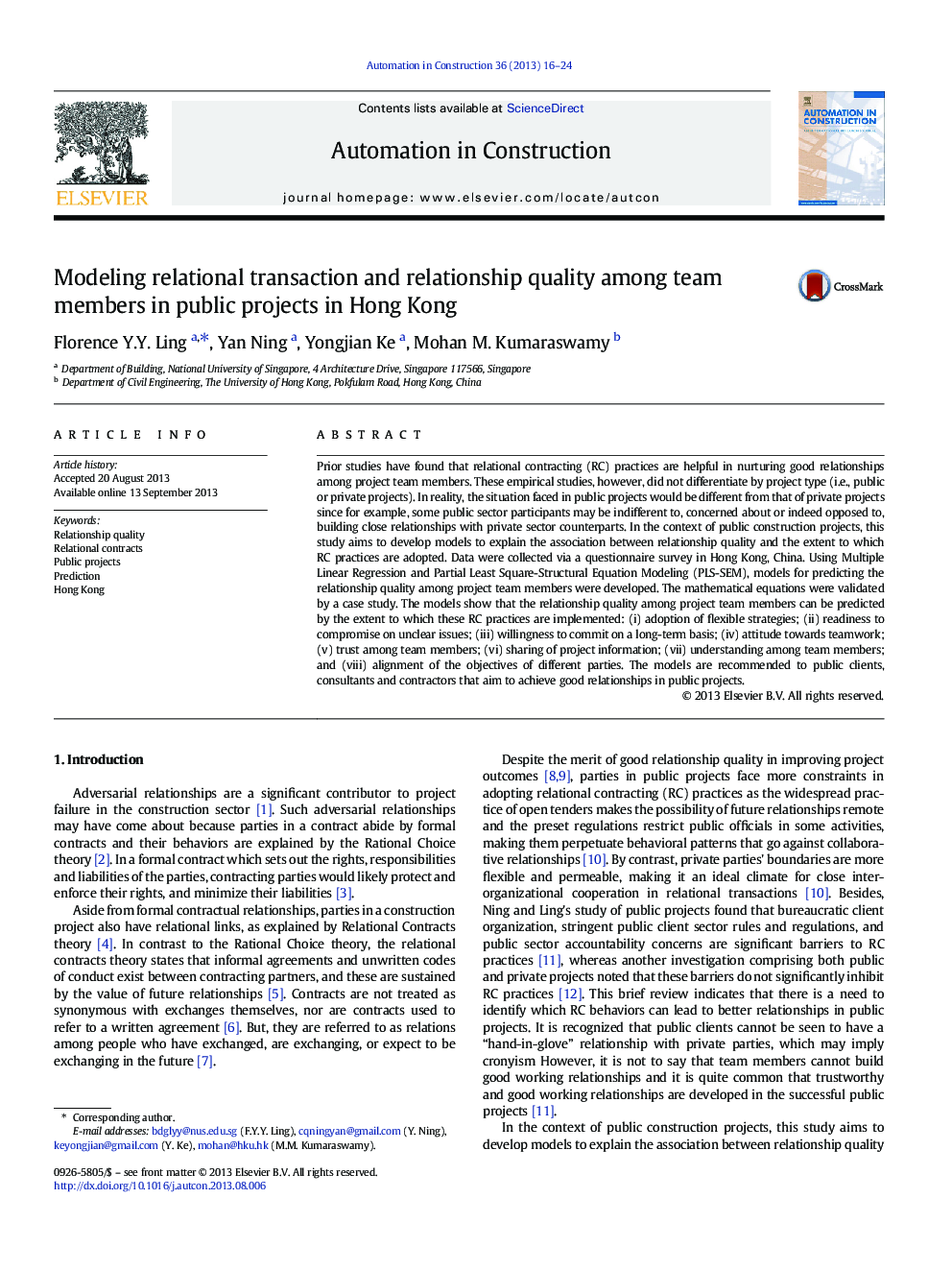 Modeling relational transaction and relationship quality among team members in public projects in Hong Kong