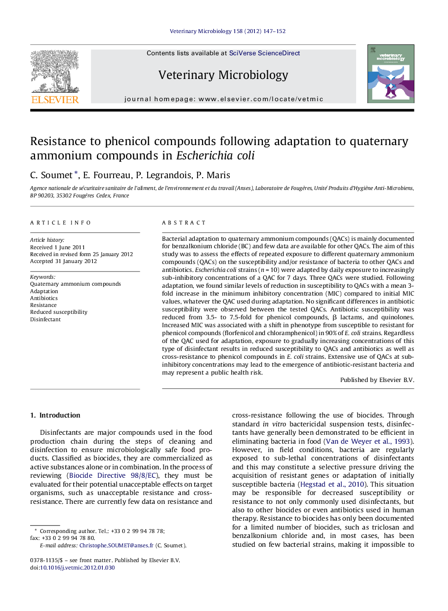 Resistance to phenicol compounds following adaptation to quaternary ammonium compounds in Escherichia coli