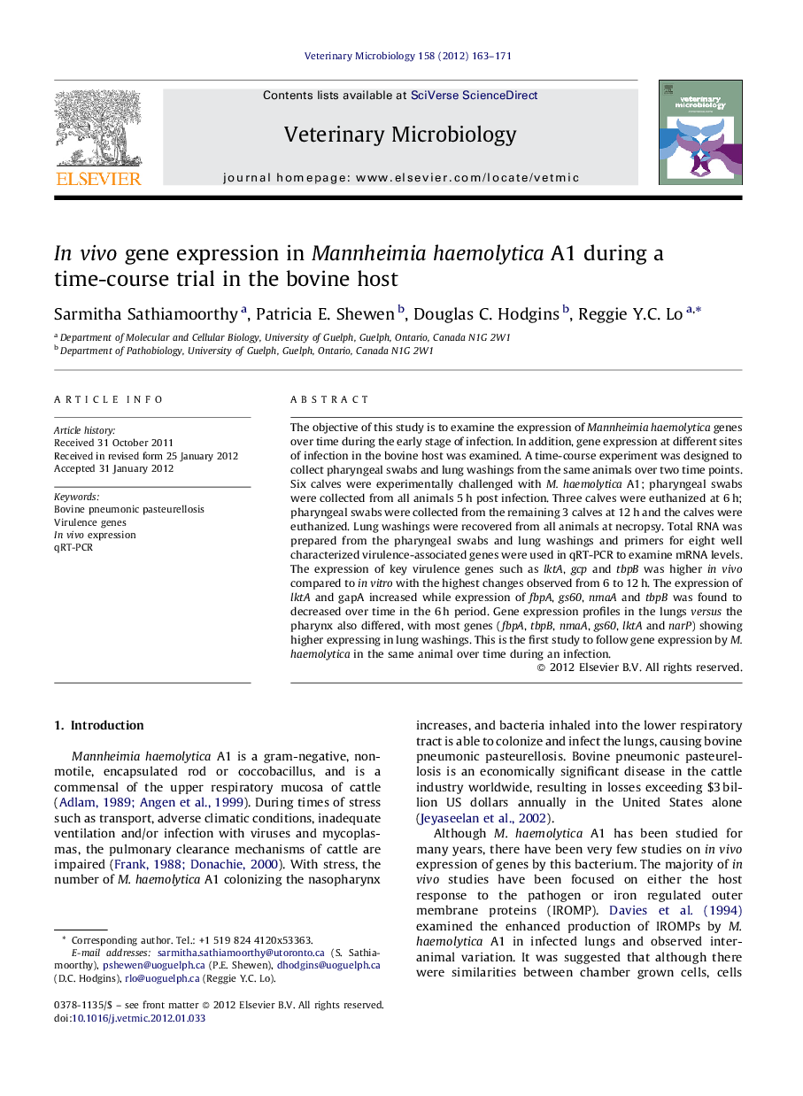 In vivo gene expression in Mannheimia haemolytica A1 during a time-course trial in the bovine host