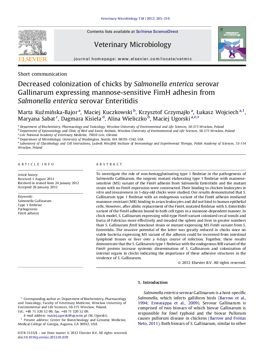 Decreased colonization of chicks by Salmonella enterica serovar Gallinarum expressing mannose-sensitive FimH adhesin from Salmonella enterica serovar Enteritidis