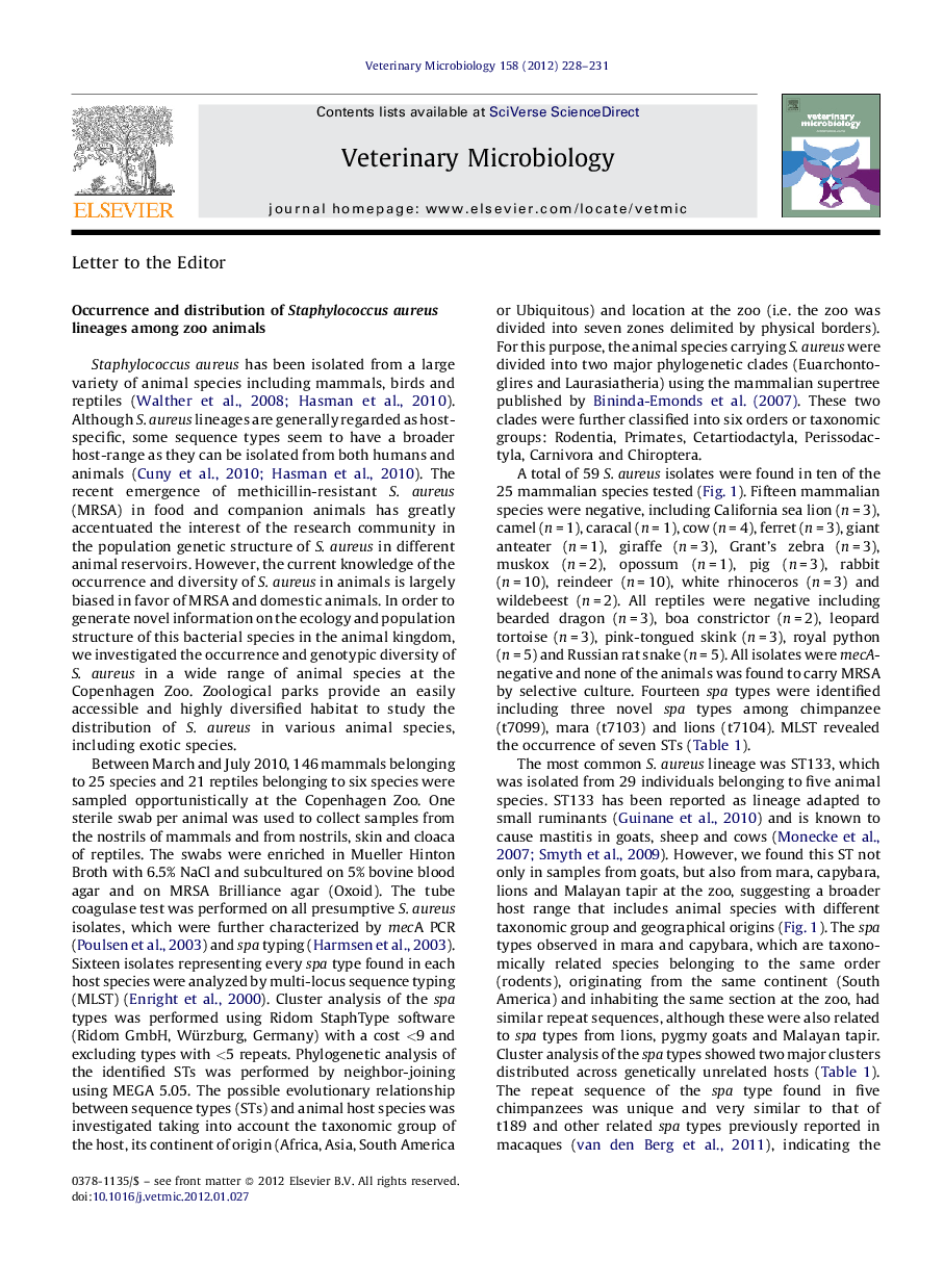 Occurrence and distribution of Staphylococcus aureus lineages among zoo animals