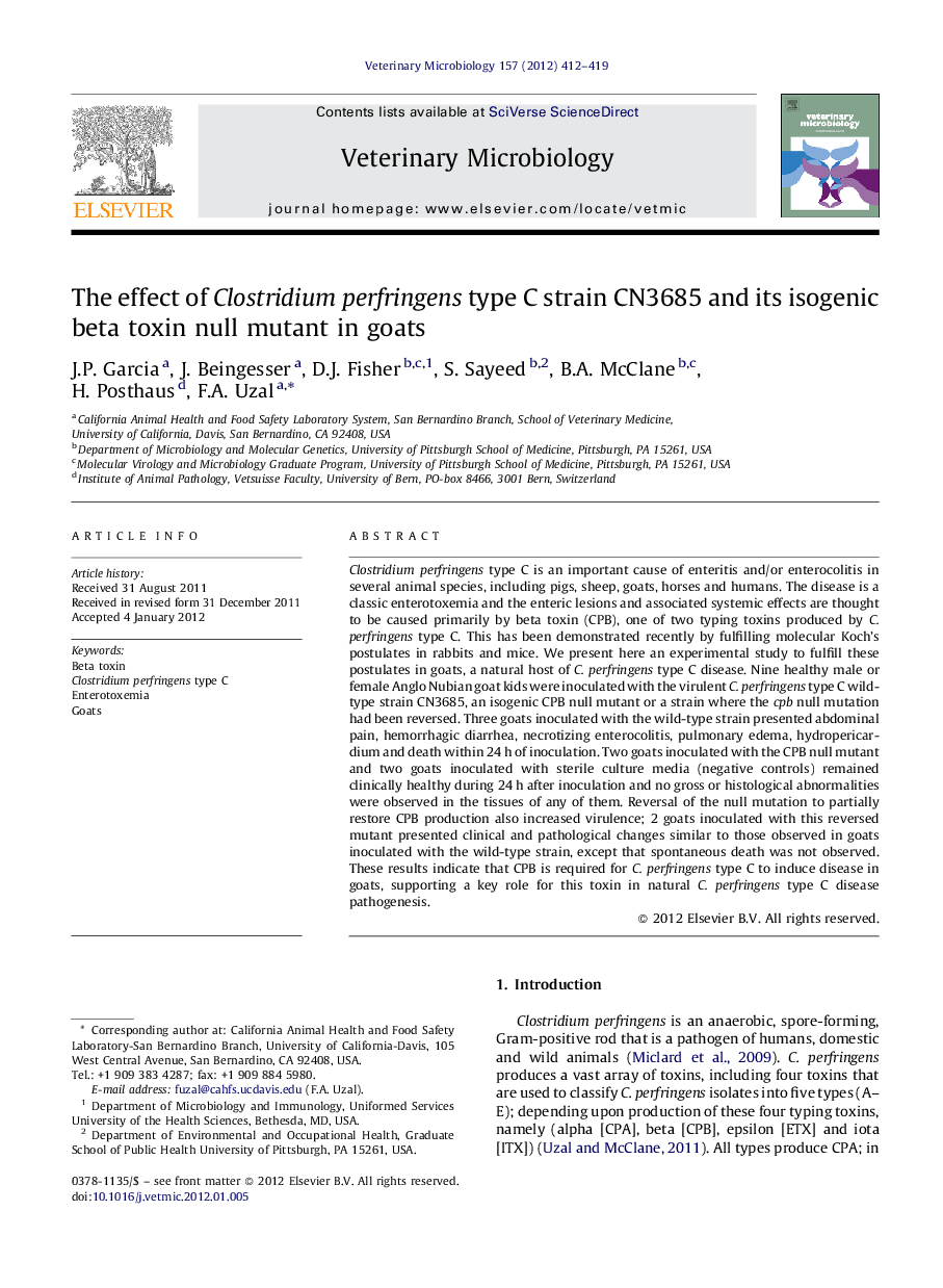 The effect of Clostridium perfringens type C strain CN3685 and its isogenic beta toxin null mutant in goats