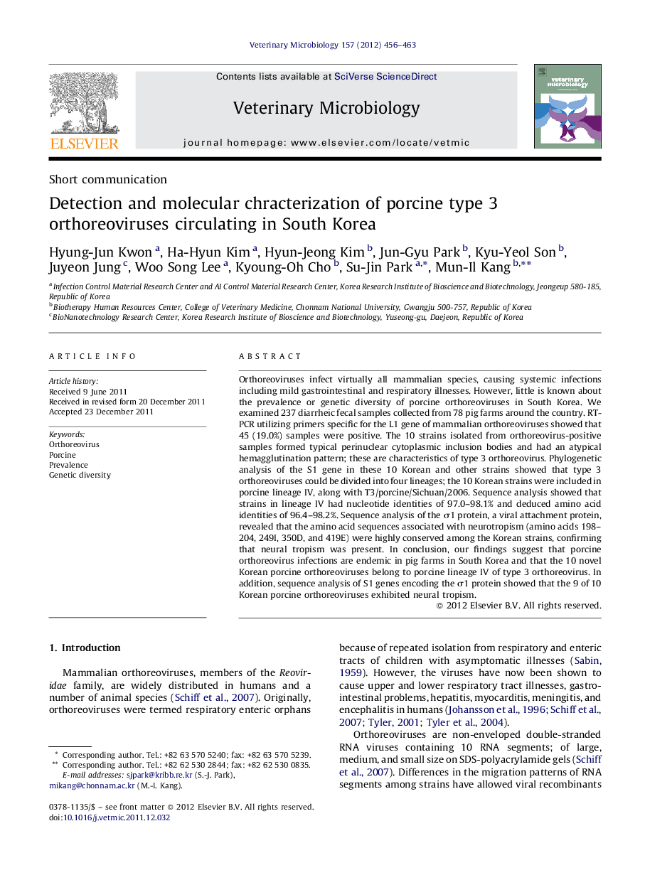 Detection and molecular chracterization of porcine type 3 orthoreoviruses circulating in South Korea