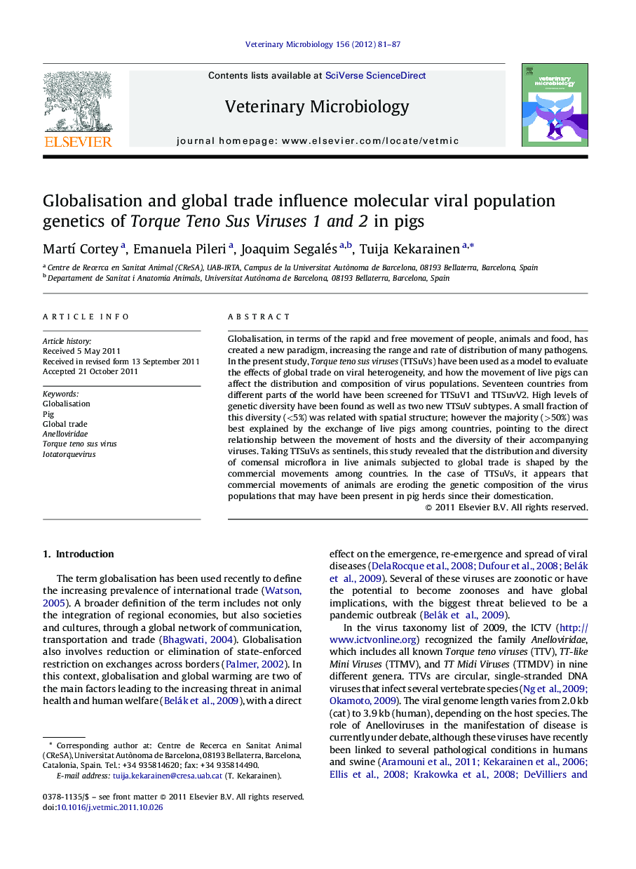 Globalisation and global trade influence molecular viral population genetics of Torque Teno Sus Viruses 1 and 2 in pigs