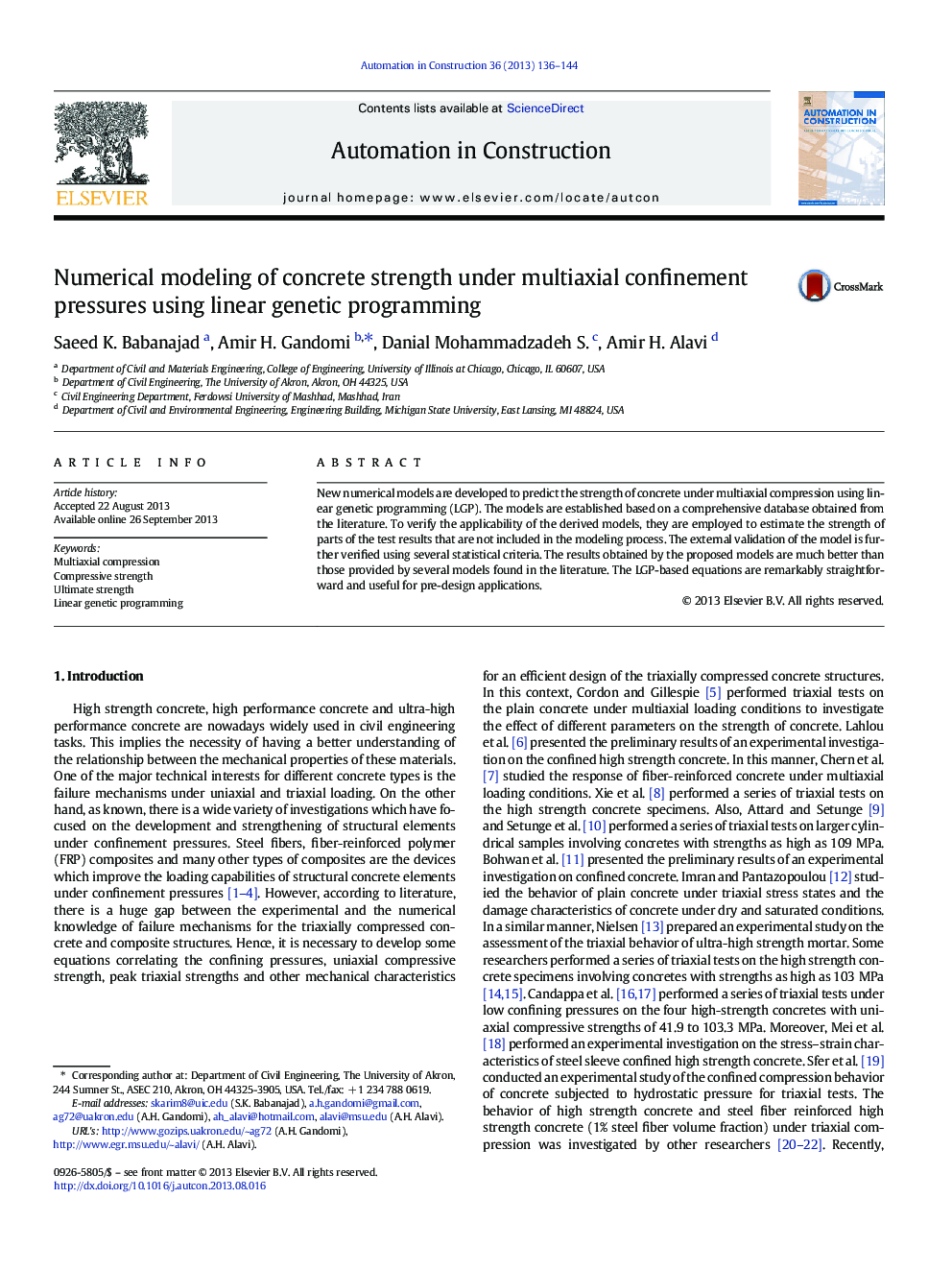 Numerical modeling of concrete strength under multiaxial confinement pressures using linear genetic programming