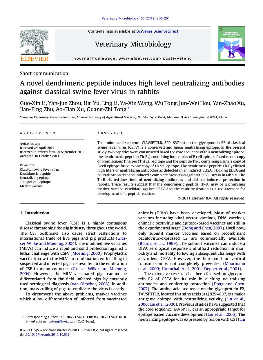 A novel dendrimeric peptide induces high level neutralizing antibodies against classical swine fever virus in rabbits