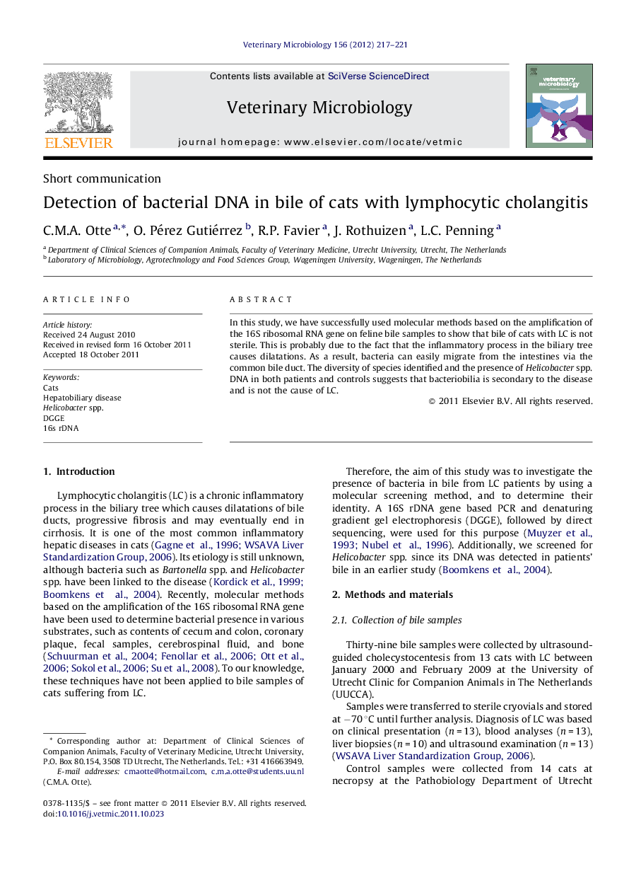 Detection of bacterial DNA in bile of cats with lymphocytic cholangitis