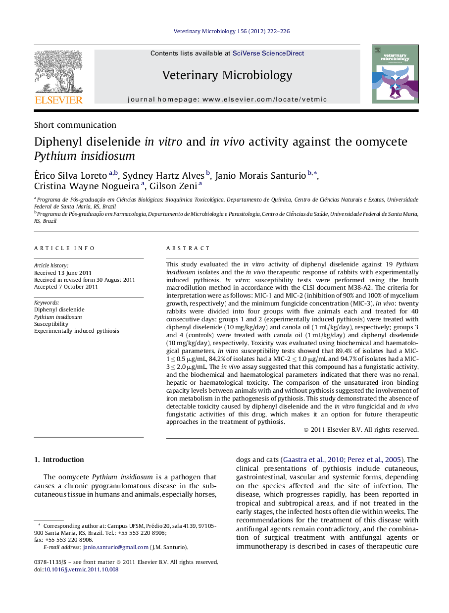 Diphenyl diselenide in vitro and in vivo activity against the oomycete Pythium insidiosum