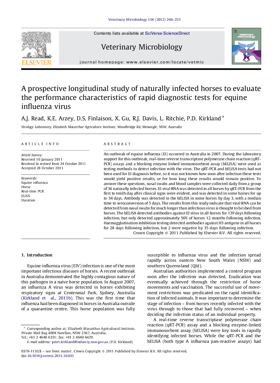 A prospective longitudinal study of naturally infected horses to evaluate the performance characteristics of rapid diagnostic tests for equine influenza virus