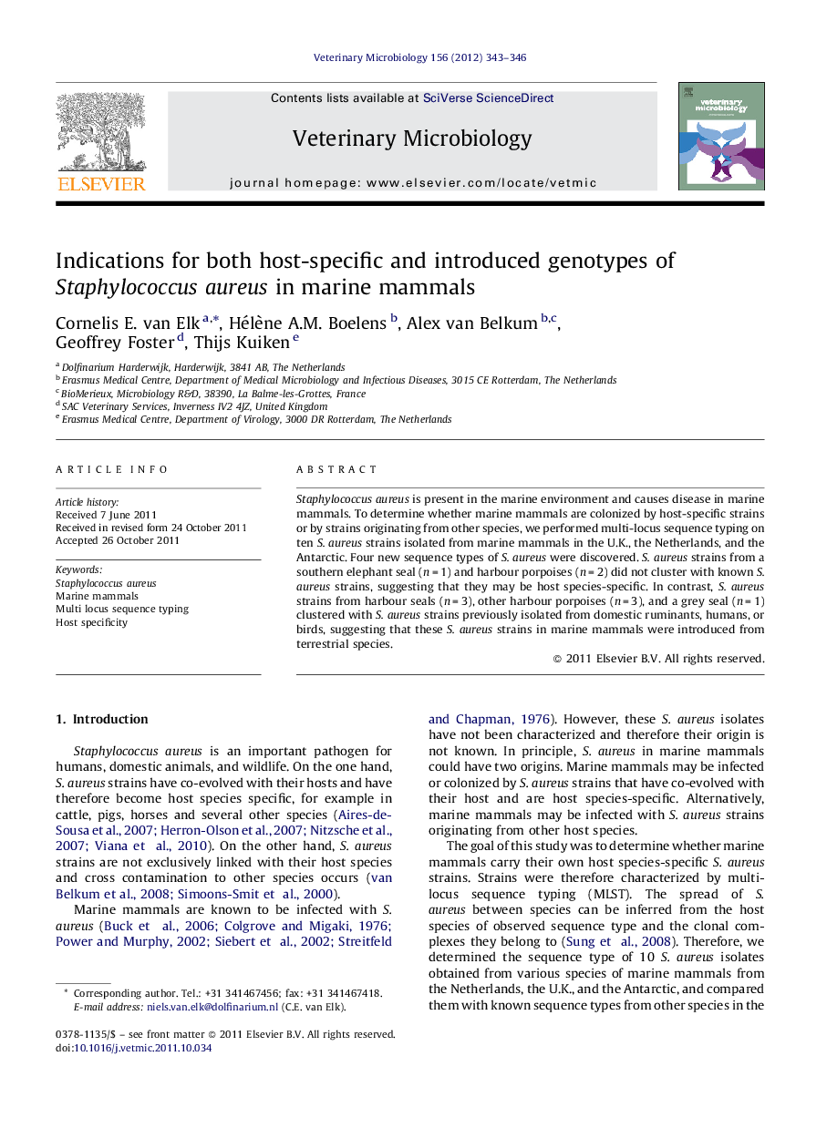 Indications for both host-specific and introduced genotypes of Staphylococcus aureus in marine mammals