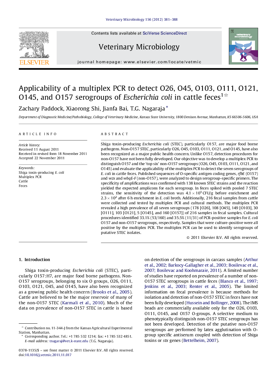 Applicability of a multiplex PCR to detect O26, O45, O103, O111, O121, O145, and O157 serogroups of Escherichia coli in cattle feces1