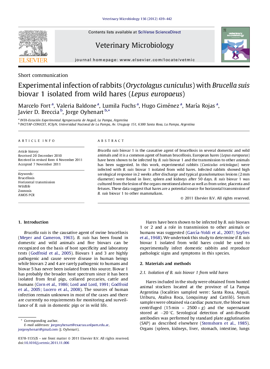 Experimental infection of rabbits (Oryctolagus cuniculus) with Brucella suis biovar 1 isolated from wild hares (Lepus europaeus)