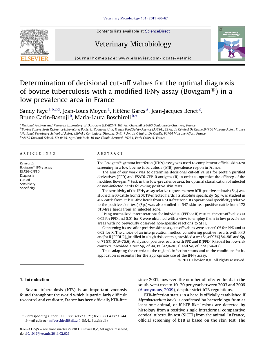 Determination of decisional cut-off values for the optimal diagnosis of bovine tuberculosis with a modified IFNγ assay (Bovigam®) in a low prevalence area in France