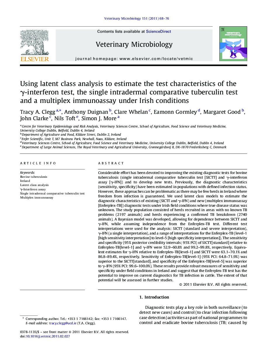 Using latent class analysis to estimate the test characteristics of the γ-interferon test, the single intradermal comparative tuberculin test and a multiplex immunoassay under Irish conditions