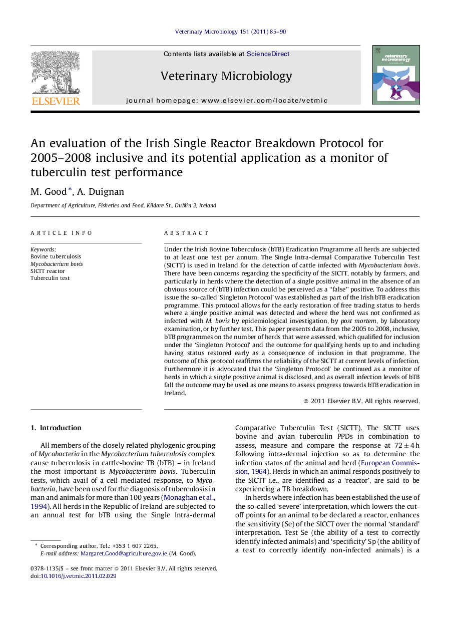 An evaluation of the Irish Single Reactor Breakdown Protocol for 2005–2008 inclusive and its potential application as a monitor of tuberculin test performance