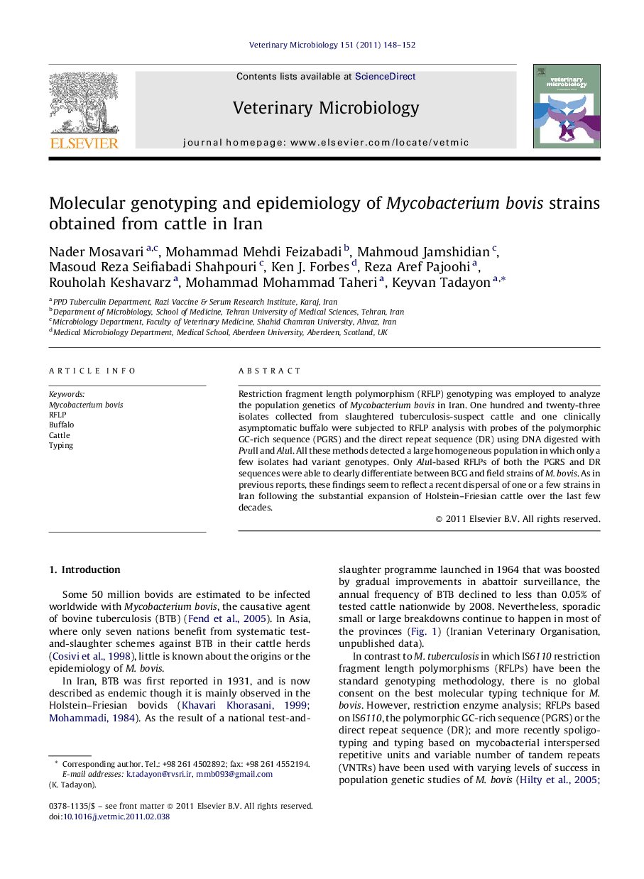 Molecular genotyping and epidemiology of Mycobacterium bovis strains obtained from cattle in Iran