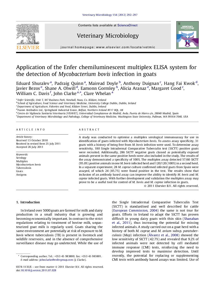 Application of the Enfer chemiluminescent multiplex ELISA system for the detection of Mycobacterium bovis infection in goats