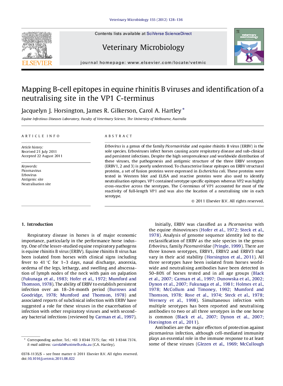 Mapping B-cell epitopes in equine rhinitis B viruses and identification of a neutralising site in the VP1 C-terminus