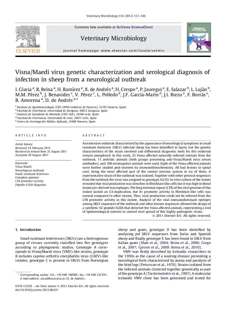 Visna/Maedi virus genetic characterization and serological diagnosis of infection in sheep from a neurological outbreak