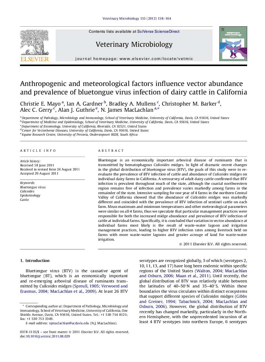 Anthropogenic and meteorological factors influence vector abundance and prevalence of bluetongue virus infection of dairy cattle in California