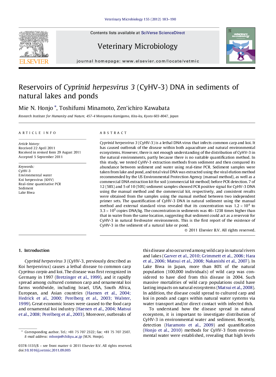 Reservoirs of Cyprinid herpesvirus 3 (CyHV-3) DNA in sediments of natural lakes and ponds