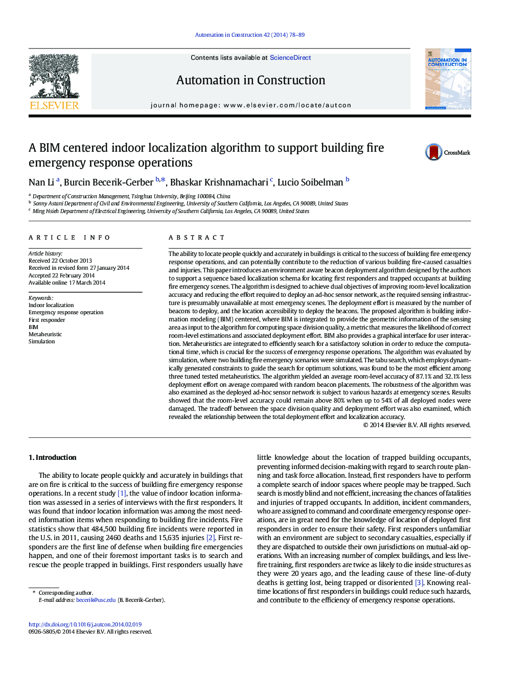 A BIM centered indoor localization algorithm to support building fire emergency response operations