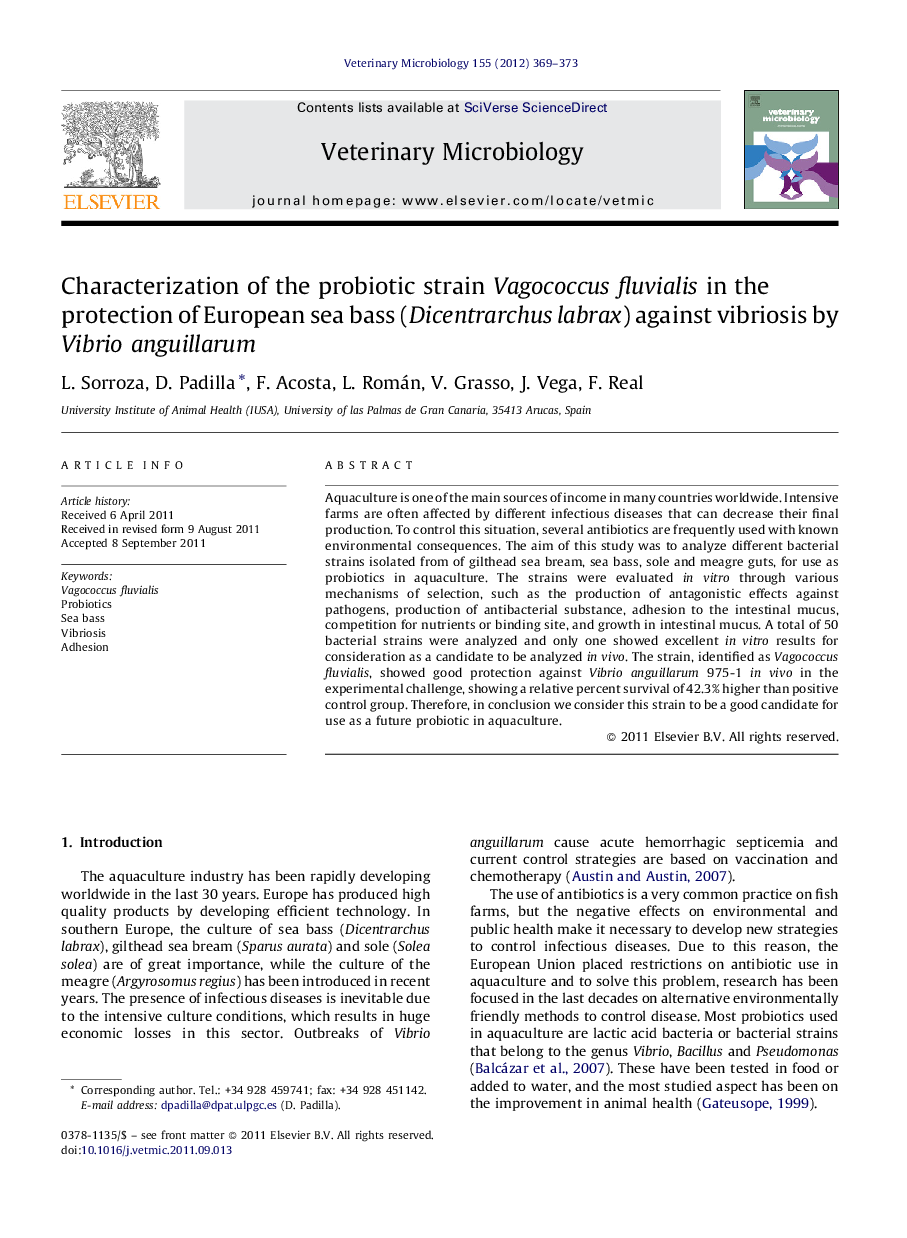 Characterization of the probiotic strain Vagococcus fluvialis in the protection of European sea bass (Dicentrarchus labrax) against vibriosis by Vibrio anguillarum