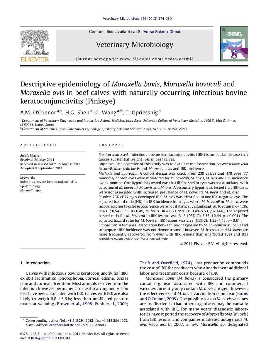 Descriptive epidemiology of Moraxella bovis, Moraxella bovoculi and Moraxella ovis in beef calves with naturally occurring infectious bovine keratoconjunctivitis (Pinkeye)