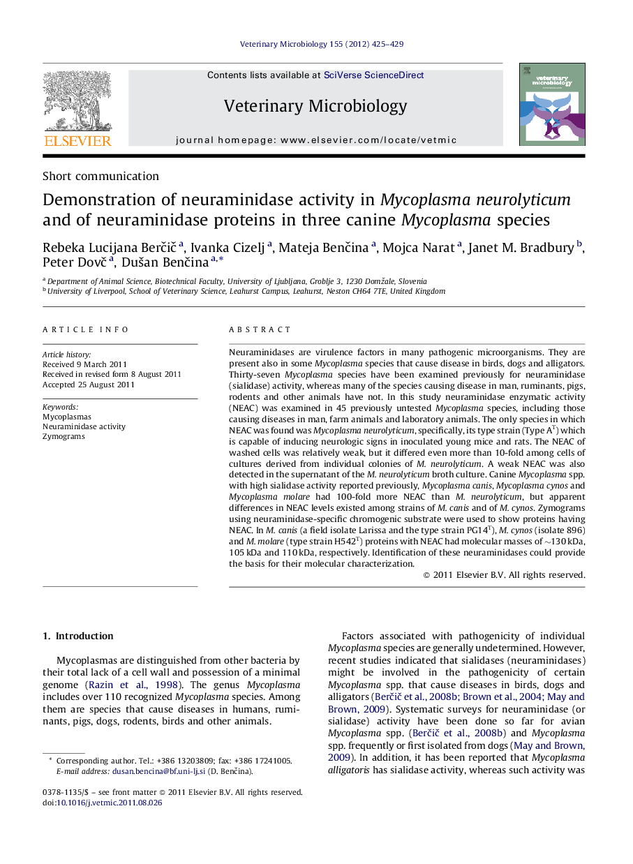 Demonstration of neuraminidase activity in Mycoplasma neurolyticum and of neuraminidase proteins in three canine Mycoplasma species