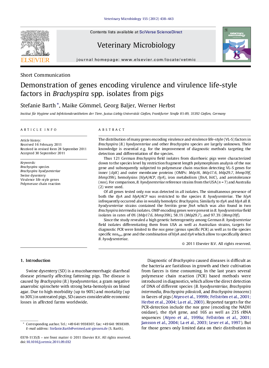 Demonstration of genes encoding virulence and virulence life-style factors in Brachyspira spp. isolates from pigs