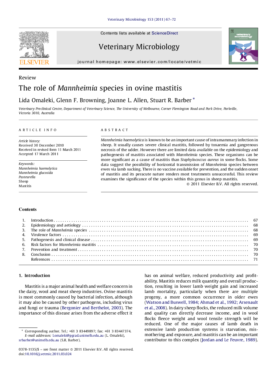 The role of Mannheimia species in ovine mastitis