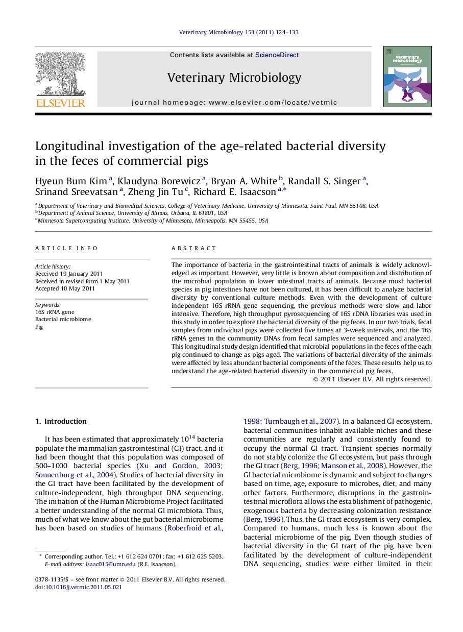 Longitudinal investigation of the age-related bacterial diversity in the feces of commercial pigs