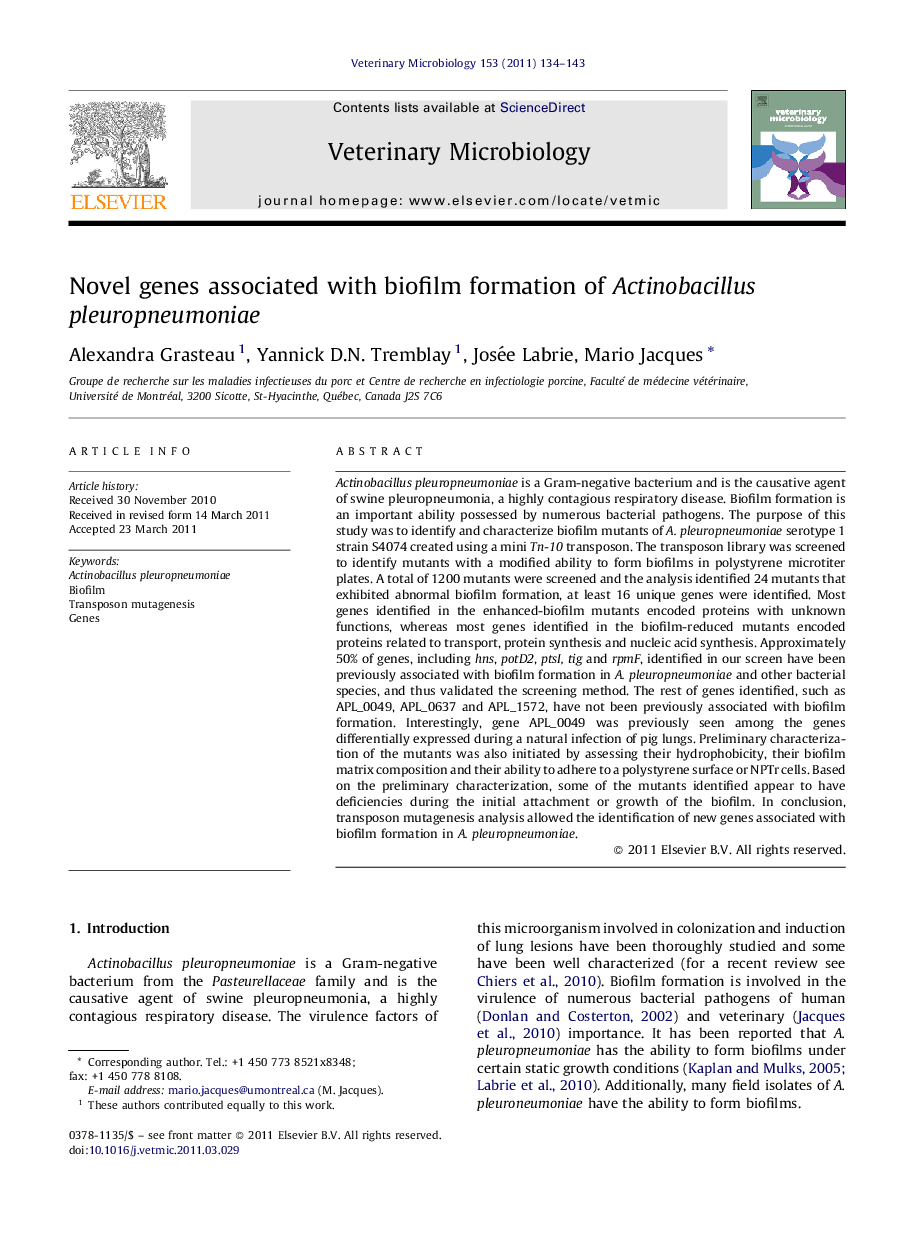 Novel genes associated with biofilm formation of Actinobacillus pleuropneumoniae