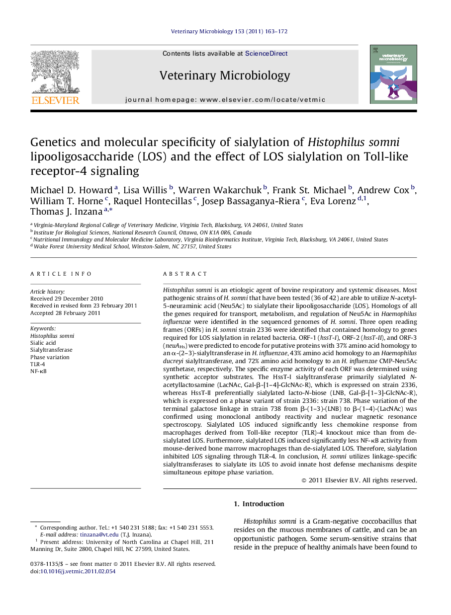 Genetics and molecular specificity of sialylation of Histophilus somni lipooligosaccharide (LOS) and the effect of LOS sialylation on Toll-like receptor-4 signaling