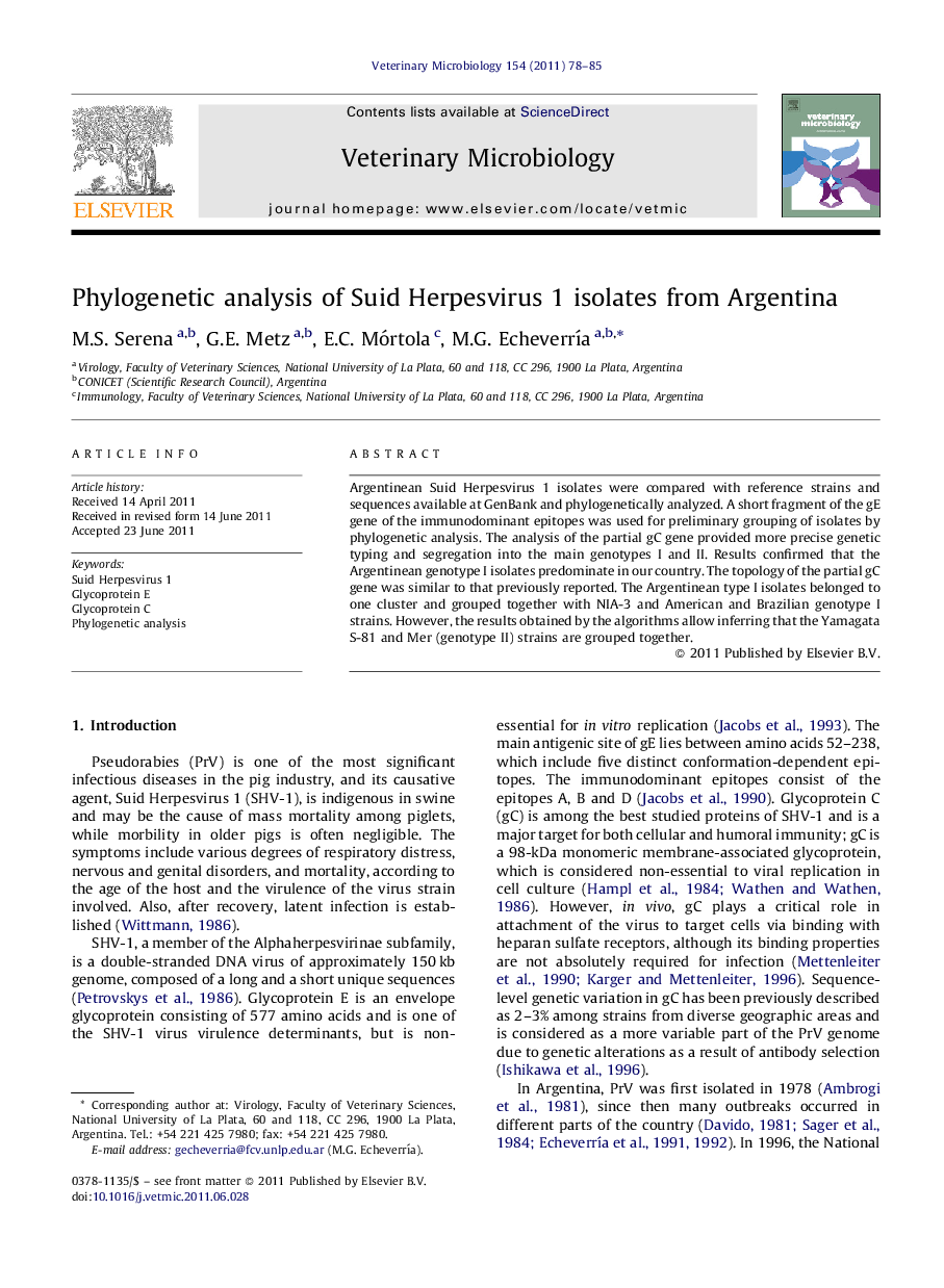 Phylogenetic analysis of Suid Herpesvirus 1 isolates from Argentina