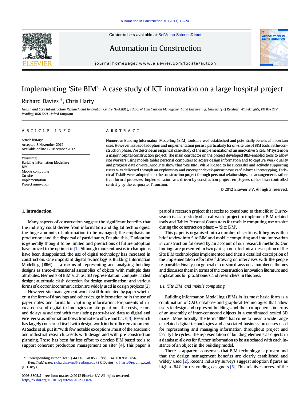 Implementing ‘Site BIM’: A case study of ICT innovation on a large hospital project