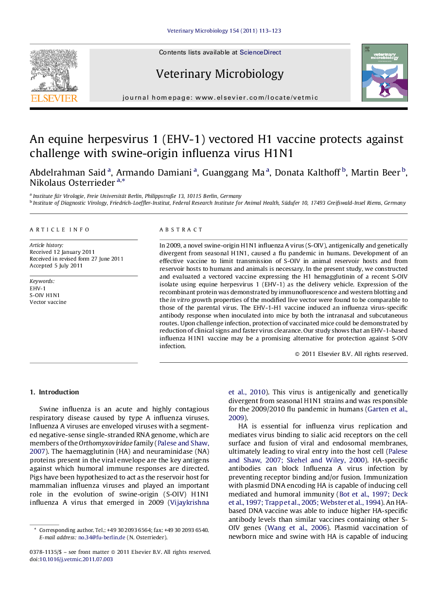 An equine herpesvirus 1 (EHV-1) vectored H1 vaccine protects against challenge with swine-origin influenza virus H1N1