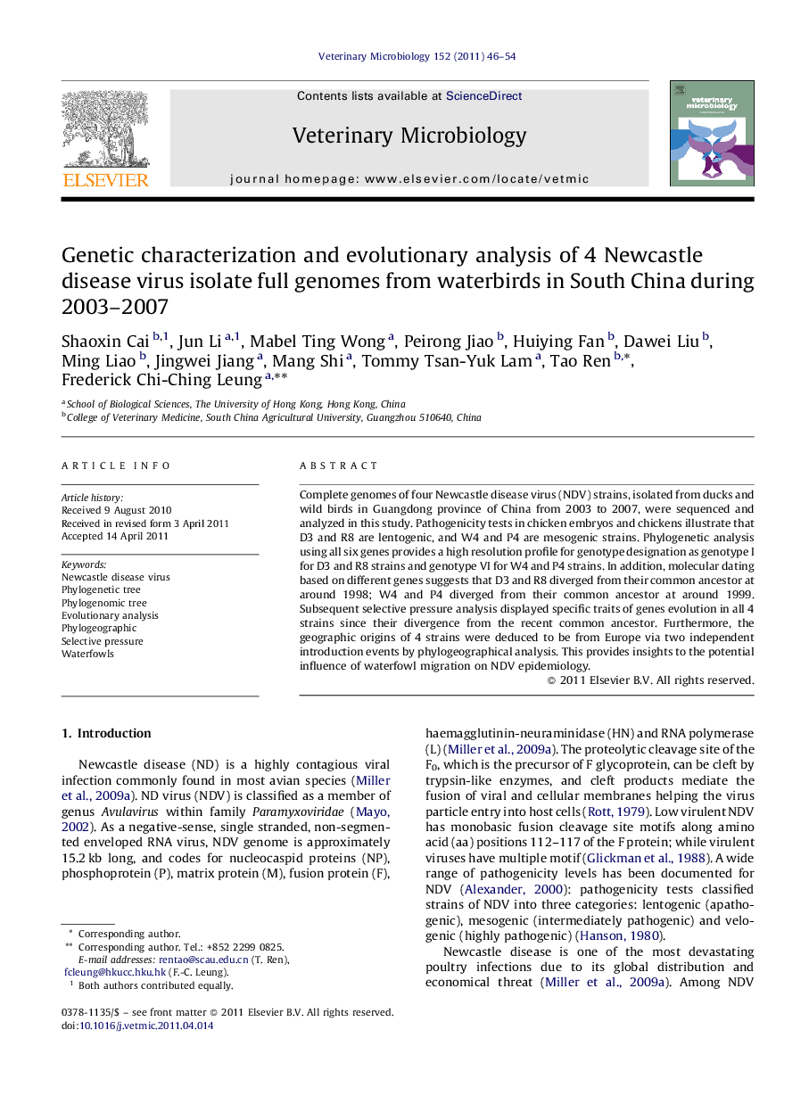 Genetic characterization and evolutionary analysis of 4 Newcastle disease virus isolate full genomes from waterbirds in South China during 2003–2007