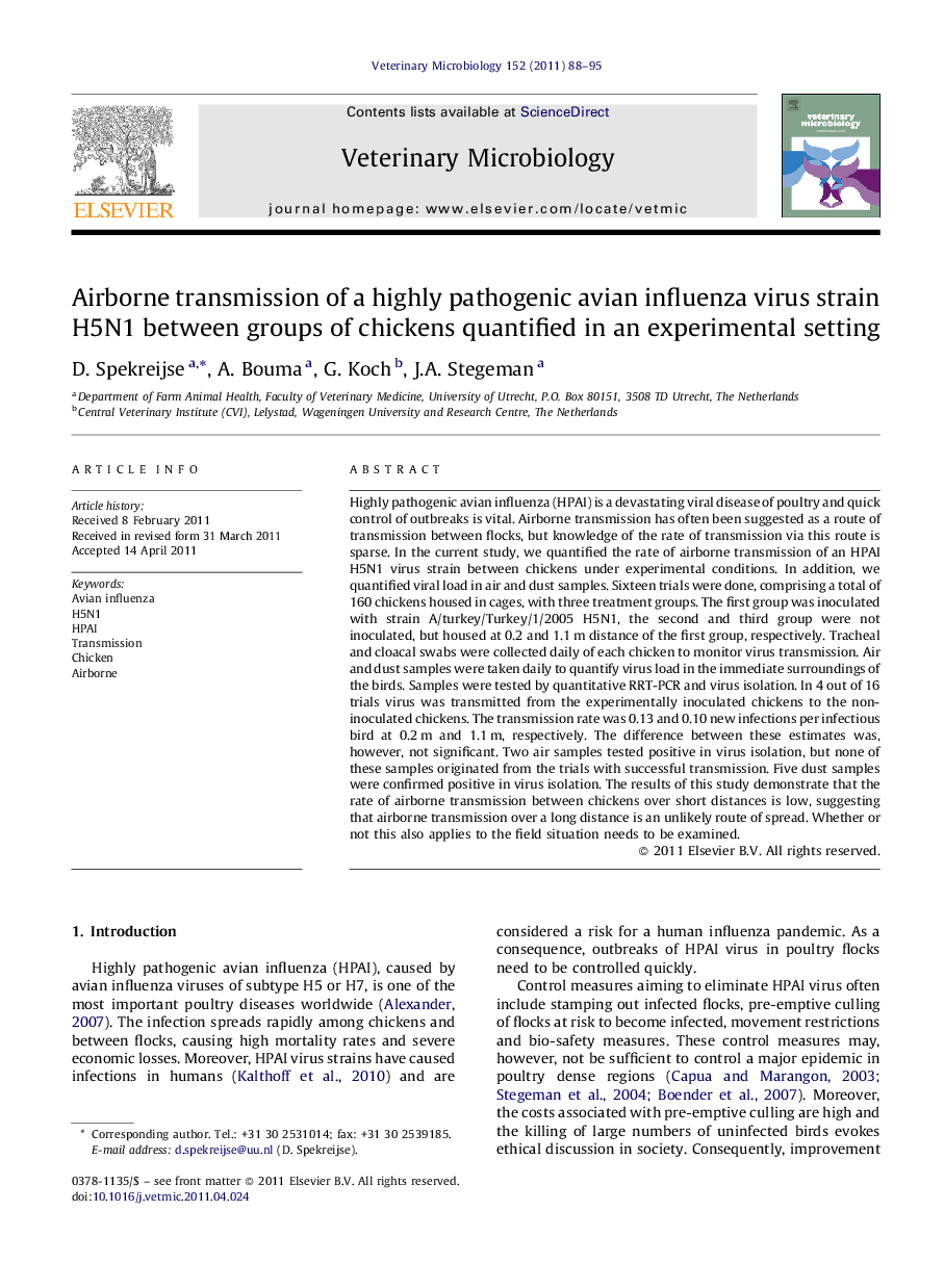 Airborne transmission of a highly pathogenic avian influenza virus strain H5N1 between groups of chickens quantified in an experimental setting