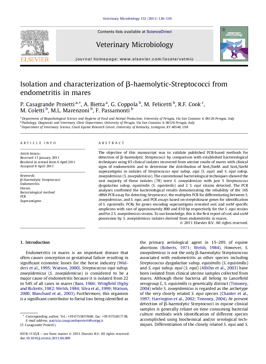 Isolation and characterization of β-haemolytic-Streptococci from endometritis in mares