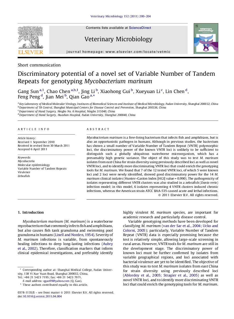 Discriminatory potential of a novel set of Variable Number of Tandem Repeats for genotyping Mycobacterium marinum