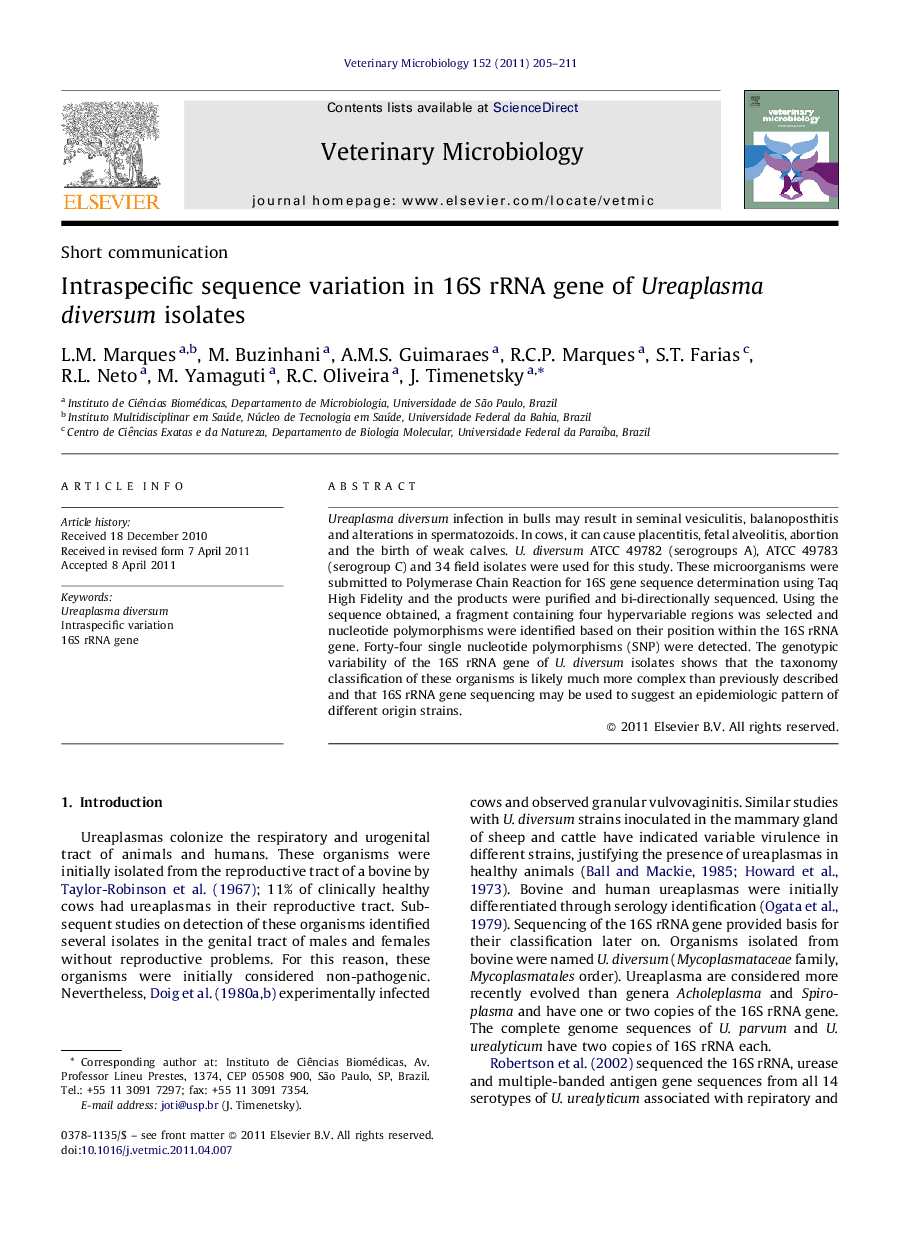 Intraspecific sequence variation in 16S rRNA gene of Ureaplasma diversum isolates