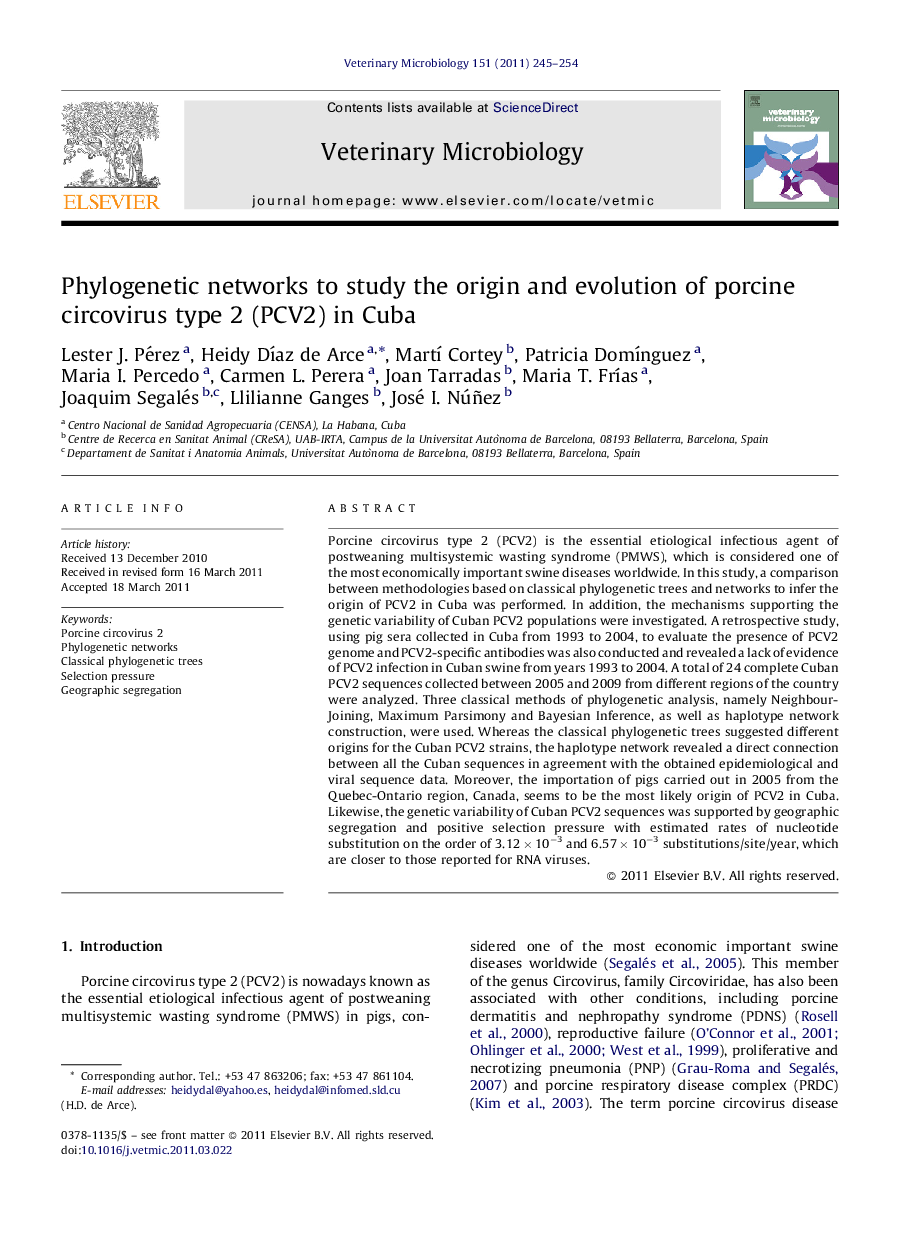 Phylogenetic networks to study the origin and evolution of porcine circovirus type 2 (PCV2) in Cuba