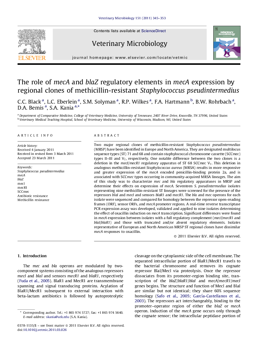 عکس صفحه اول مقاله: The role of mecA and blaZ regulatory elements in mecA expression by regional clones of methicillin-resistant Staphylococcus pseudintermedius The role of mecA and blaZ regulatory elements in mecA expression by regional clones of methicillin-resistant Staphylococcus pseudintermedius