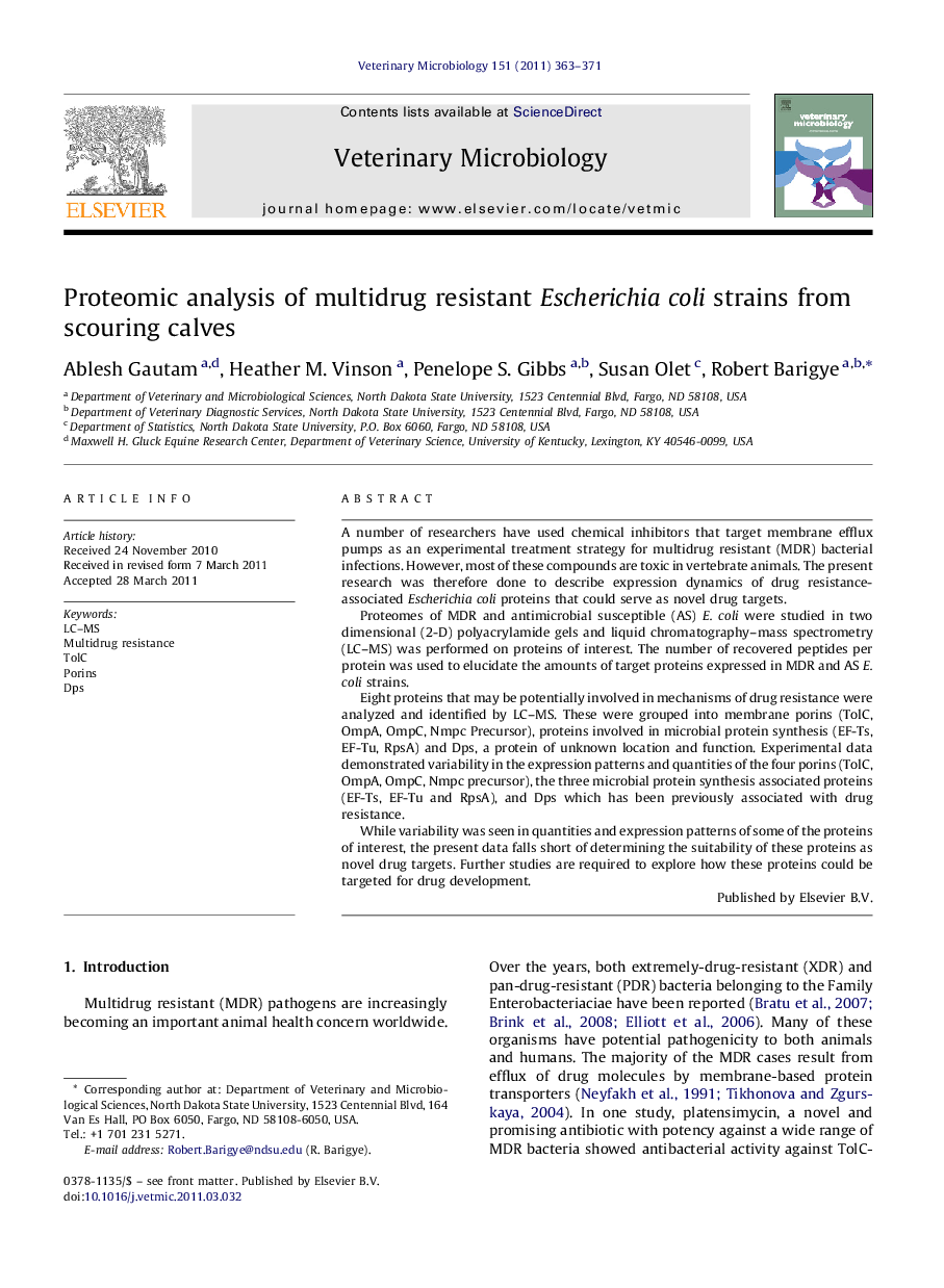 Proteomic analysis of multidrug resistant Escherichia coli strains from scouring calves