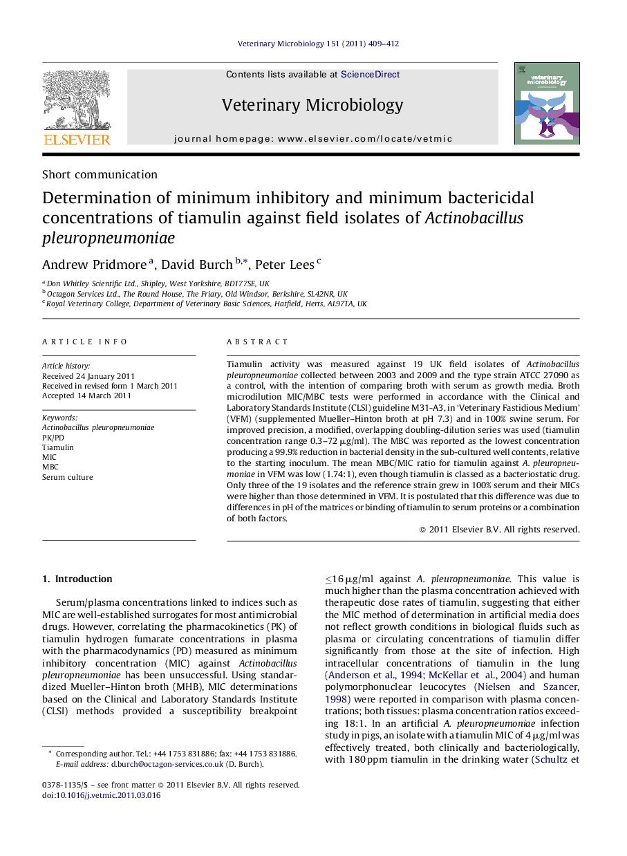 Determination of minimum inhibitory and minimum bactericidal concentrations of tiamulin against field isolates of Actinobacillus pleuropneumoniae