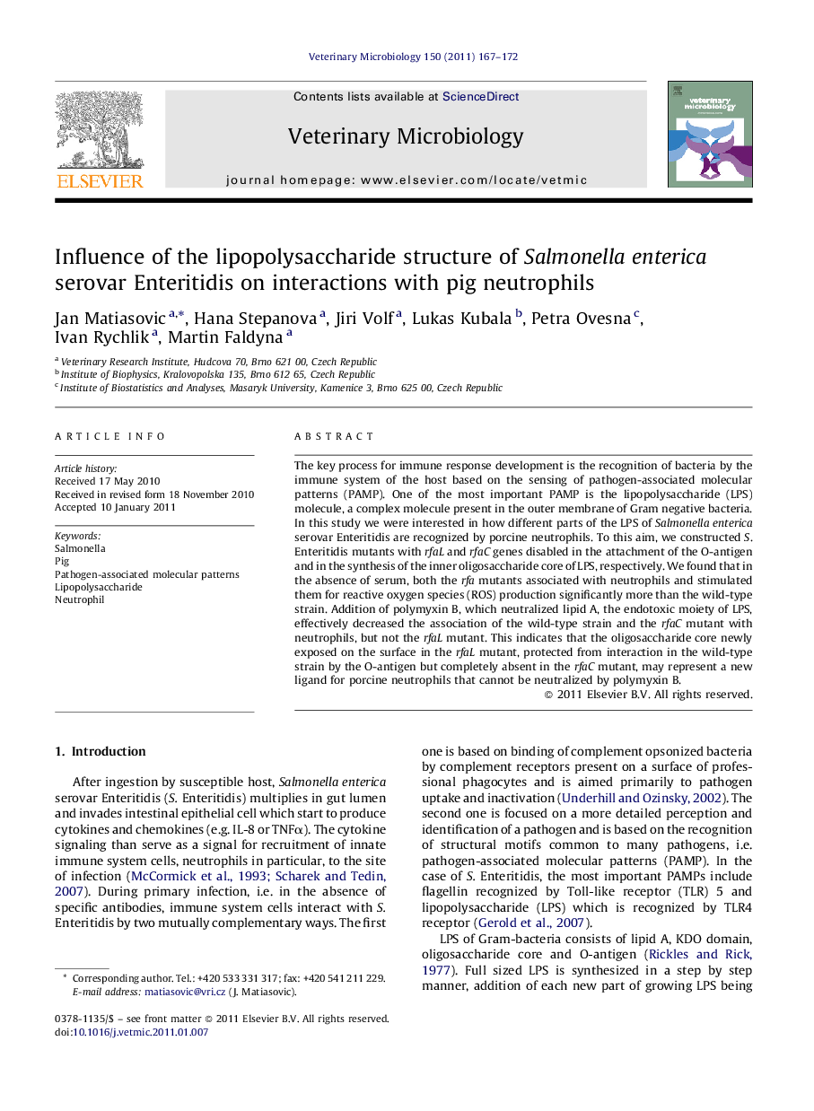 Influence of the lipopolysaccharide structure of Salmonella enterica serovar Enteritidis on interactions with pig neutrophils