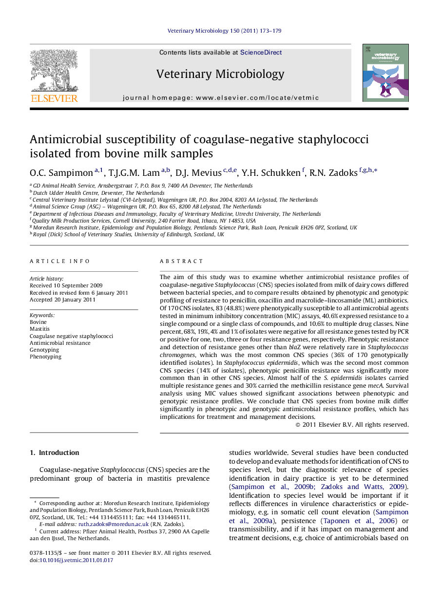 Antimicrobial susceptibility of coagulase-negative staphylococci isolated from bovine milk samples